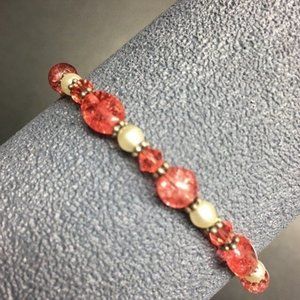 Memory Wire Bracelet Red Pink Pearl Silver Faceted Translucent